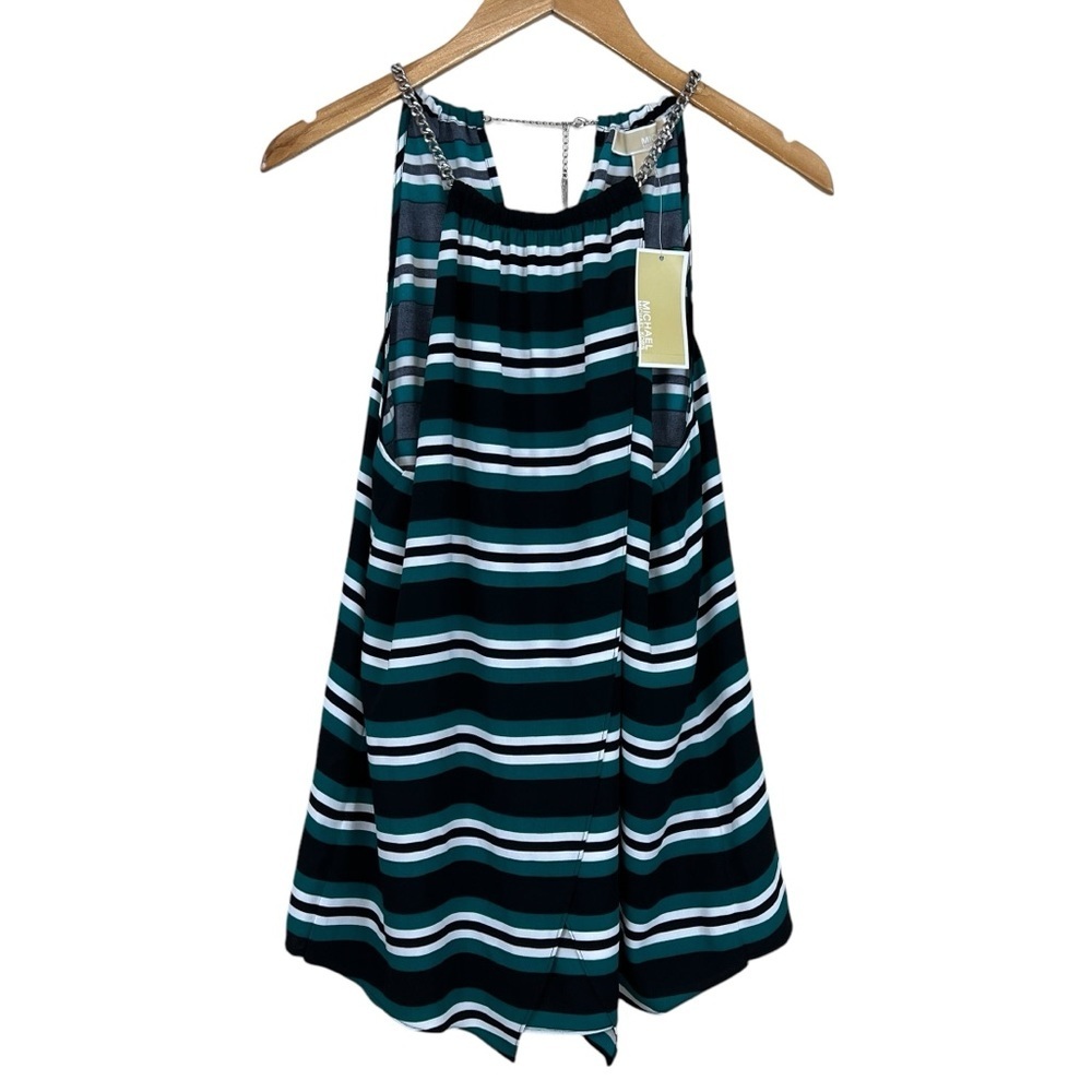 Michael Kors Striped Deep Sea Green Sleeveless Tank Blouse Womens Size 10 NWT